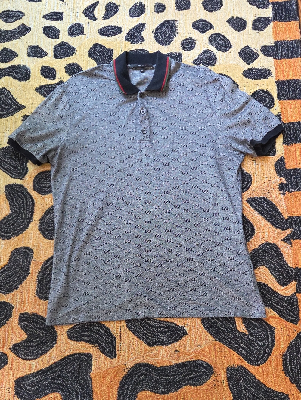 Gucci Grey Polo with Black Collar and Red Stripe Trim